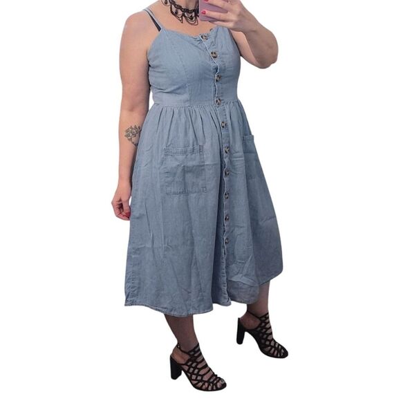 VTG 90s Blue Denim Button Front XL Midi Sundress Jumper with Pockets - Picture 5 of 14